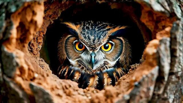 an owl  looking out of  a hollow tree