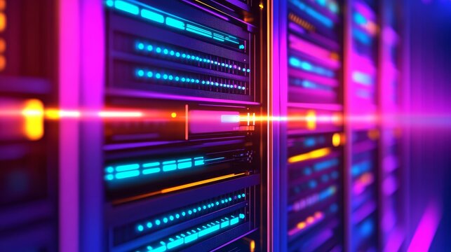 Vibrant server room with illuminated data racks showcasing advanced technology and digital energy