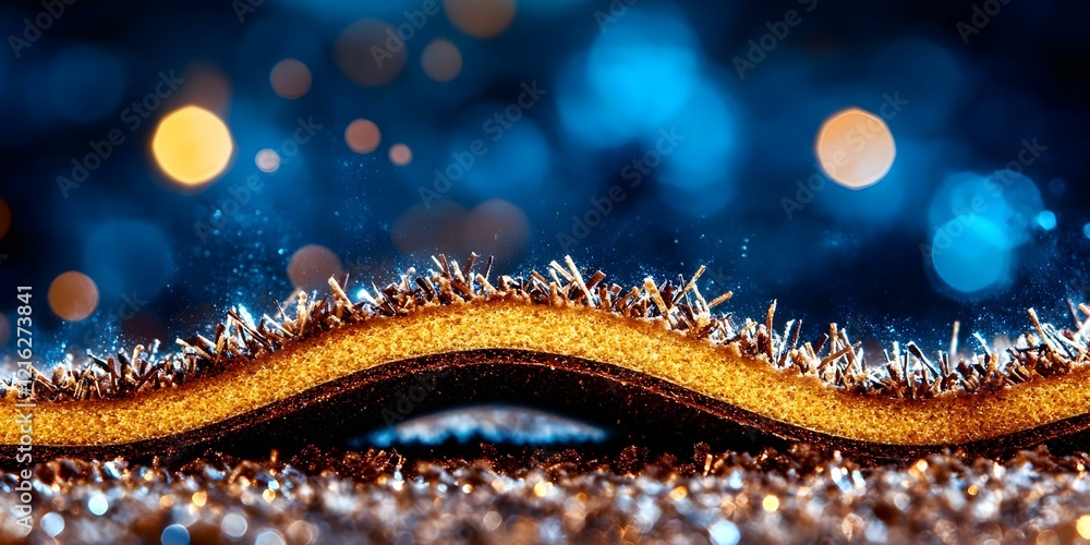 Poster an abstract scene featuring a wavy surface with sparkling textures and a colorful blurred background