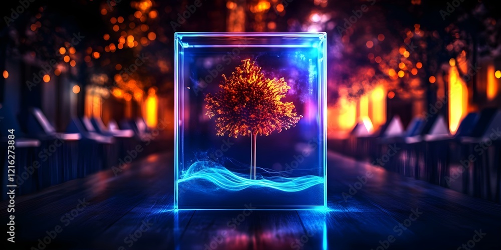 Poster a glowing tree encased in a transparent cube with vibrant colors and a background of illuminated tre