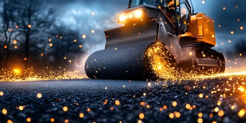 A heavy road construction vehicle is paving asphalt, creating sparks and lighting against a dramatic, cloudy backdrop. Concept Road Construction Vehicles, Asphalt Paving Process, Spark Effects