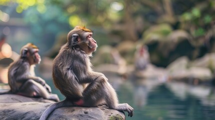 Obraz premium Monkeys sitting park, jungle background, tourists