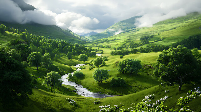 serene valley landscape with lush greenery, flowing river, and rolling hills under cloudy sky. Nature beauty is captivating and tranquil