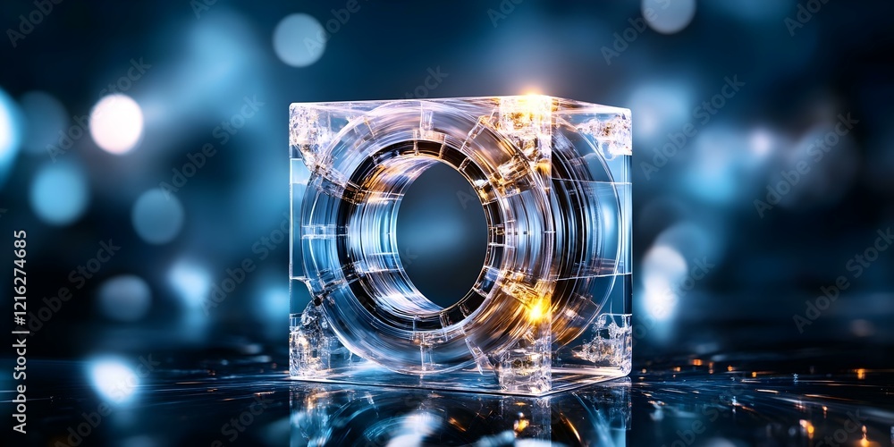 Poster a futuristic, transparent cube with circular patterns and glowing elements, set against a blurred bl