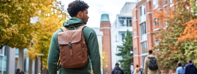 Young man with backpack walking on campus in autumn.