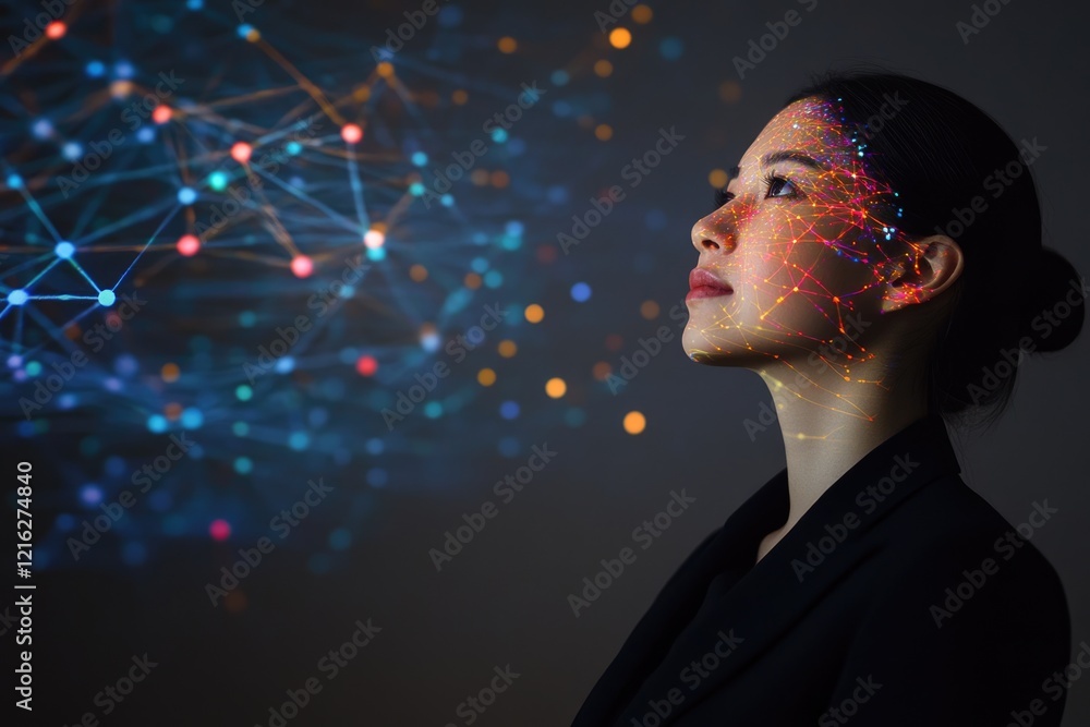 Poster a woman's face is illuminated with a colorful network, symbolizing digital connection and the future