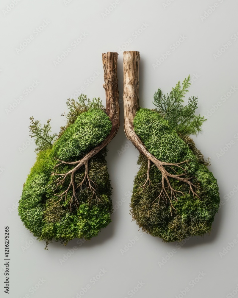 Poster a creative representation of lungs made from moss and branches, symbolizing the connection between n