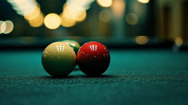 Two billiard balls positioned on a green pool table in a dimly lit setting during the evening