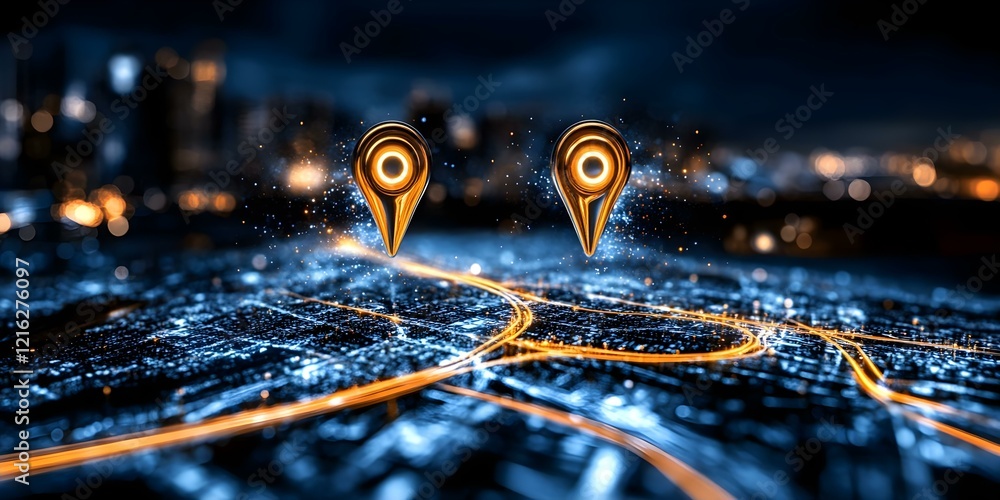 Poster a digital representation of a city map with glowing location pins and illuminated roads, suggesting 