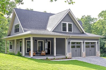 Obraz premium Attractive curb appeal a gray house featuring a covered porch and a spacious garage