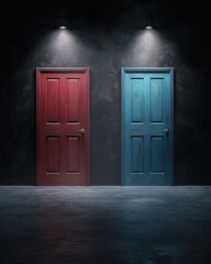 Two contrasting doors, one red and one blue, illuminated in a dark, moody setting, suggesting choices or paths ahead.