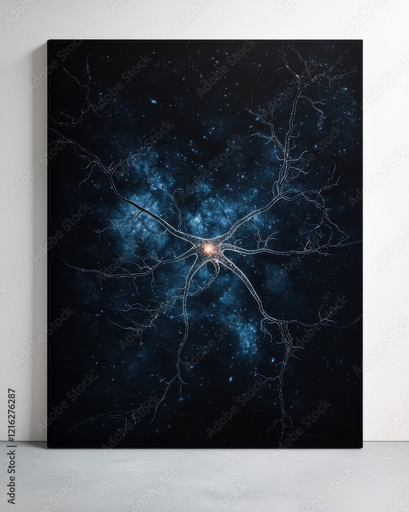 Poster an artistic representation of a neuron set against a cosmic backdrop, blending science and art with 