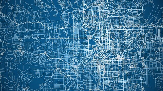 Ink reveal animation of Atlanta city, Georgia, United States, grid map. Aerial top view. Blueprint style. White lines with blue background. 4K Seamless loop.