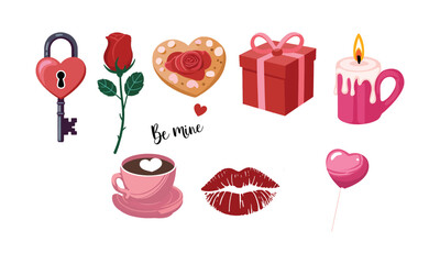 Romantic Symbols Collection Hearts, Roses, Gifts Love-Themed Objects
