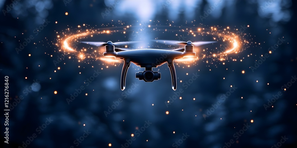 Poster a drone flying in a forest with glowing sparks around it, creating a magical and dynamic atmosphere.