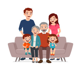 happy family sit on sofa for portrait photograph together