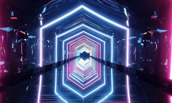 neon-lit corridor of mirrors reflecting infinite glowing patterns