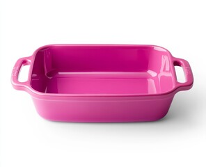 Pink rectangular baking dish with handles.