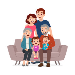 happy family sit on sofa for portrait photograph together