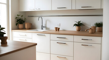 A modern, minimalist kitchen with white cabinets, wooden countertops, and potted plants, creating a fresh and inviting atmosphere.