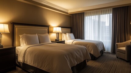 Cozy hotel room with two beds, warm lighting, and a view of the city skyline in the background