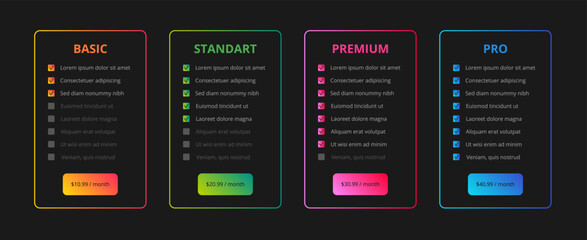 Vector Text Boxes Templates on Dark Background. Infographic Compare Plans Set with Place for Your Data.