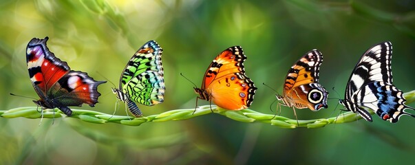 Five vibrant butterflies perched on a garden branch with a soft green backdrop