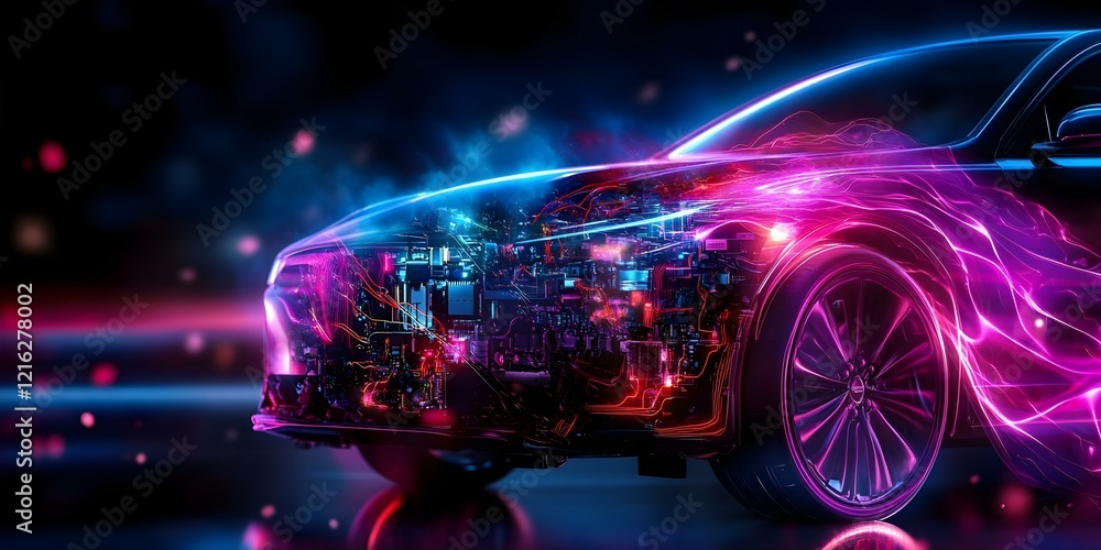 Poster a futuristic car design featuring neon lights and visible circuitry, emphasizing advanced technology