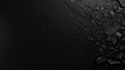 A textured black surface with scattered fragments, creating a dramatic visual effect.