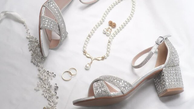rings, earrings with diamonds and pearl bride heels