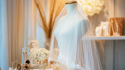 Elegant white bridal veil displayed on mannequin with accessories