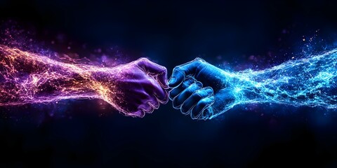 Two hands, one glowing purple and the other glowing blue, are about to fist bump, creating a dynamic display of energy. Concept Magical Energy Fusion, Vibrant Color Contrast, Symbol of Unity