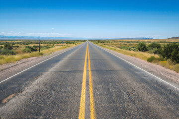 Fototapeta premium Vast and Isolated - A Visual Journey Along a Single-Laned Desert Highway in New Mexico