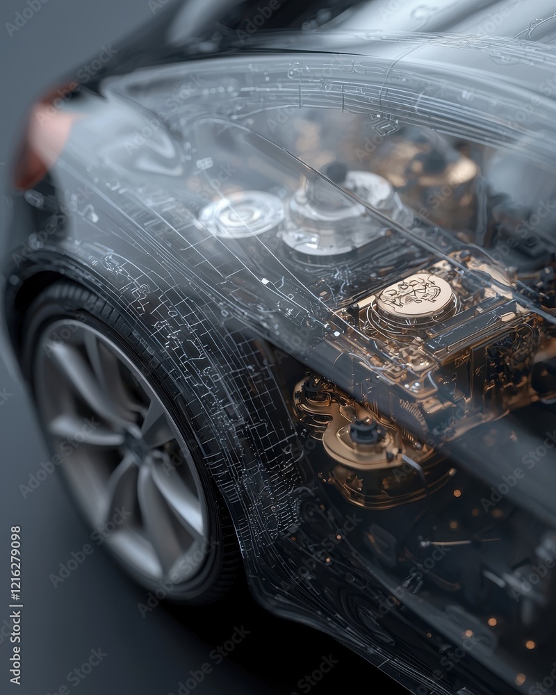 Poster a close-up view of a transparent car model, revealing intricate engine components and a sleek design