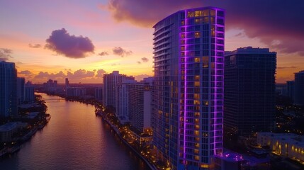 Obraz premium Majestic Miami Skyline at Sunset: A Purple-Lit Tower