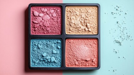 Fototapeta premium Vibrant Colorful Makeup Powder Palette Arranged in Square Tray