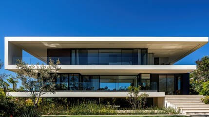 Obraz premium Side view modern house with clear blue sky, elegant architecture