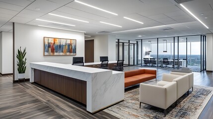 Modern Office Lobby with Marble Reception Desk, Leather Sofa, and City View