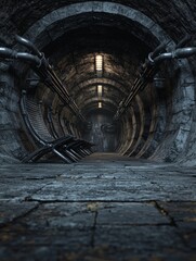 Naklejka premium Futuristic Underground Tunnel with Industrial Chairs and Steel Pipes