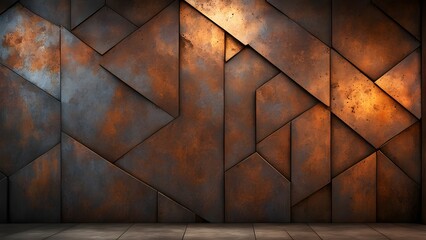 Abstract geometric background featuring a textured rusty metal wall with a dark, industrial feel.