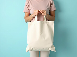 Close up of a person holding a fabric tote bag