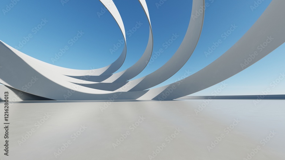 Poster 3d render of abstract modern architecture with empty cement floor, minimal exterior, car presentatio