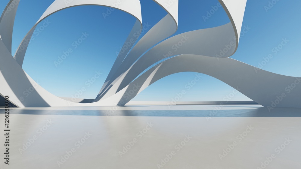 Poster 3d render of abstract modern architecture with empty cement floor, minimal exterior, car presentatio