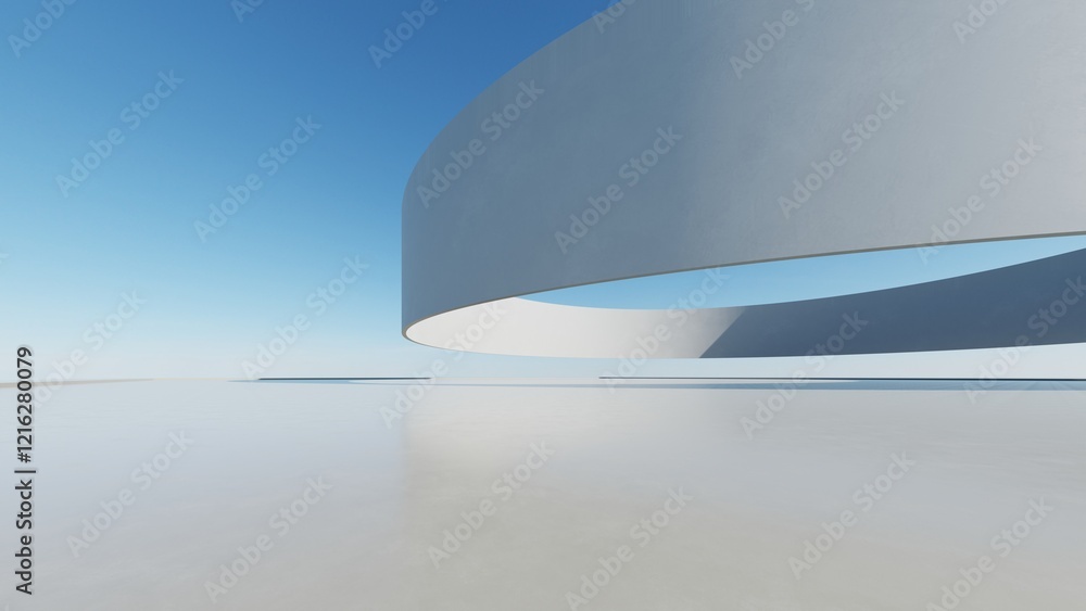 Poster 3d render of abstract modern architecture with empty cement floor, minimal exterior, car presentatio