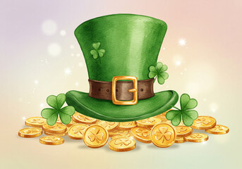 Green leprechaun hat with gold coins and clovers for Saint Patrick's Day