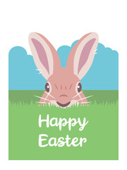 Happy Ester card with easter rabbit (easter bunny) against the background of nature. White frame. Abstract, simple, cartoon, flat vector illustration, card.
