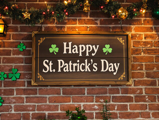 Obraz premium Happy St. Patrick's Day sign with shamrocks and festive decor