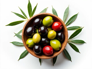 Delicious black green and red olives with leaves in a wooden bowl isolated on white background view