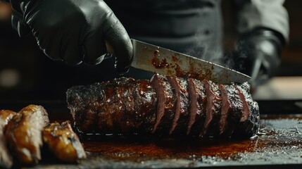 A chef slicing a perfectly braised beef roast, the meat glistening