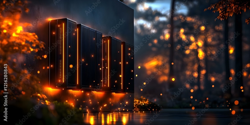 Poster a modern, illuminated structure surrounded by glowing orbs and a forest backdrop, creating a mystica